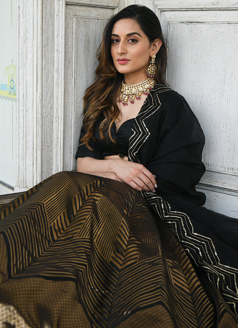 Black-gold Partywear Woven Zari Banarasi Jacquard Lehenga Choli