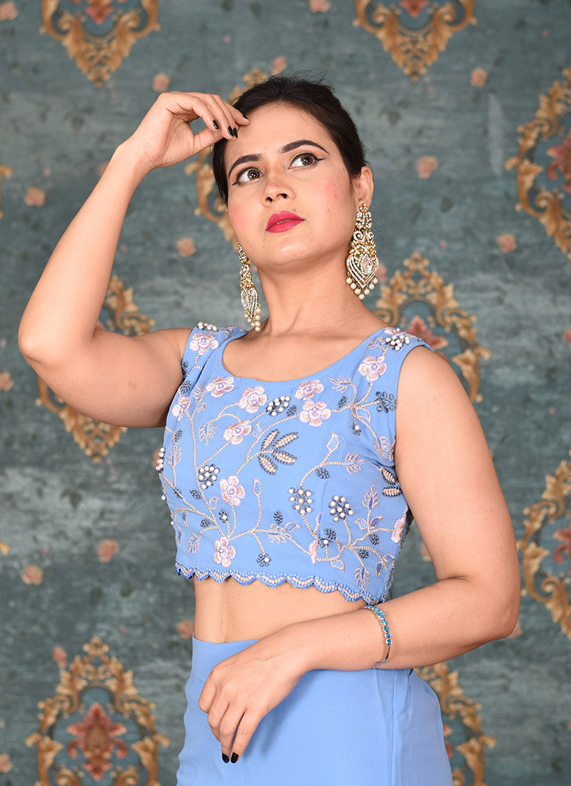 Blue Embroidered Crepe Moti Work Lining And Georgette Jacket Sharara Suit