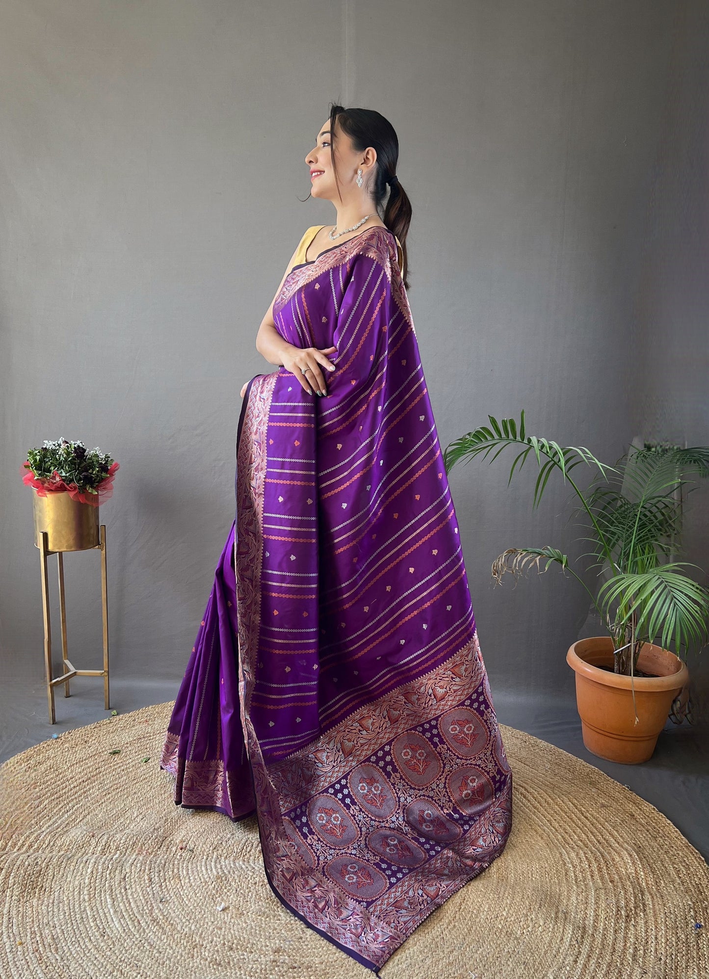 Wine Zari Woven Lining Zari Weaving Design Banarasi Saree