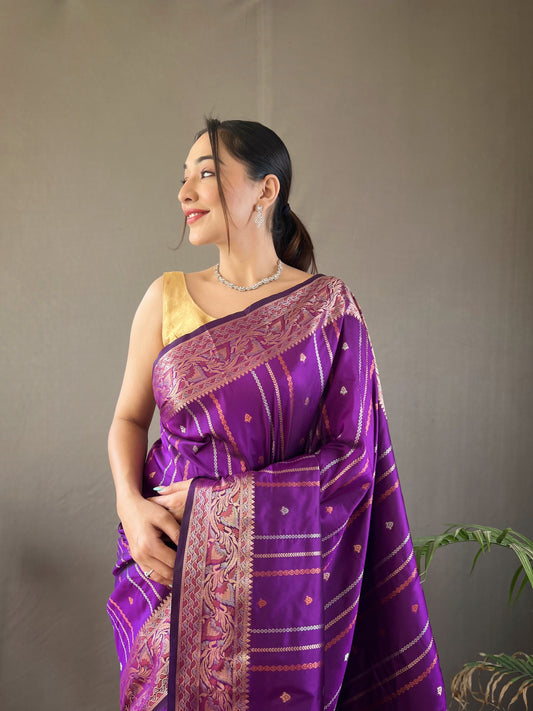 Wine Zari Woven Lining Zari Weaving Design Banarasi Saree