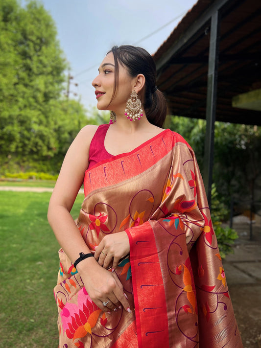 GOLDEN PINK PURE PAITHANI WITH ALL OVER ZARI AND MEENAKARI WEAVES SAREE
