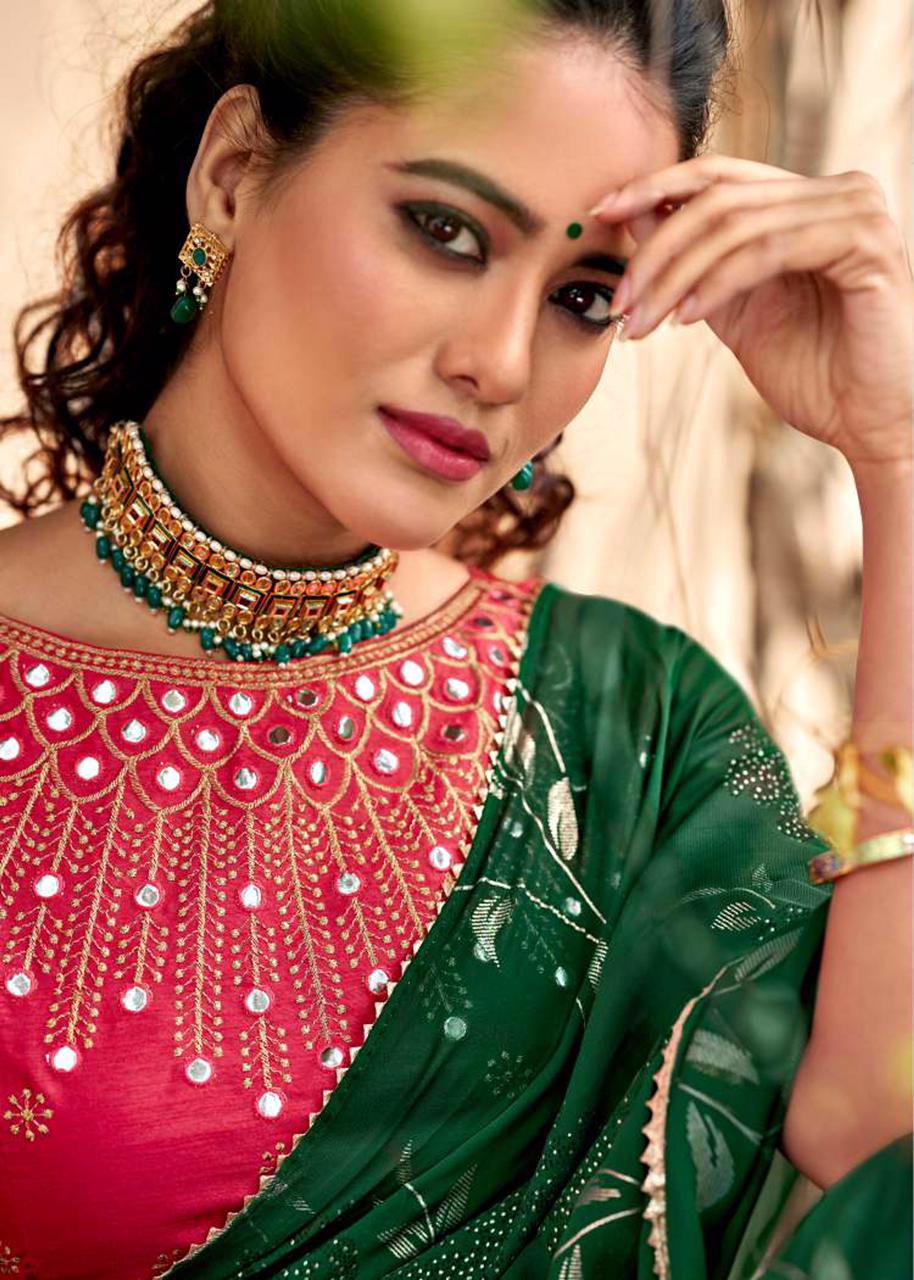Green Weightless Printed Saree With Mirror Work Blouse