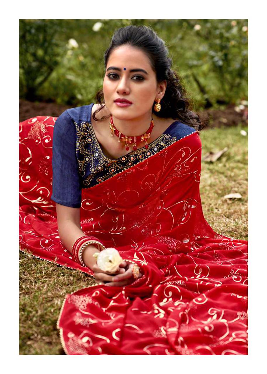 Red Weightless Printed Saree With Mirror Work Blouse
