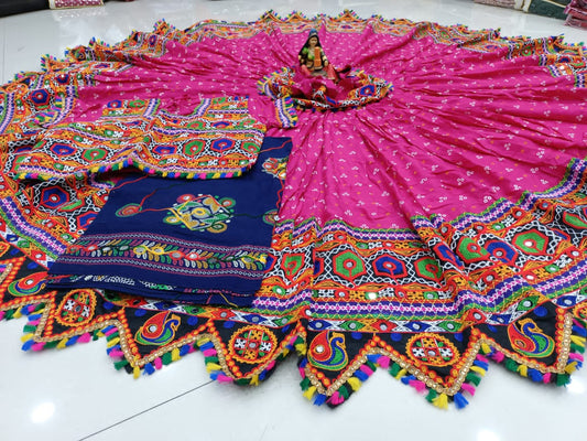 Pink Pure Heavy Rayon Cotton With Bandhani Print And Real Mirror Work Navratri Lehenga Choli