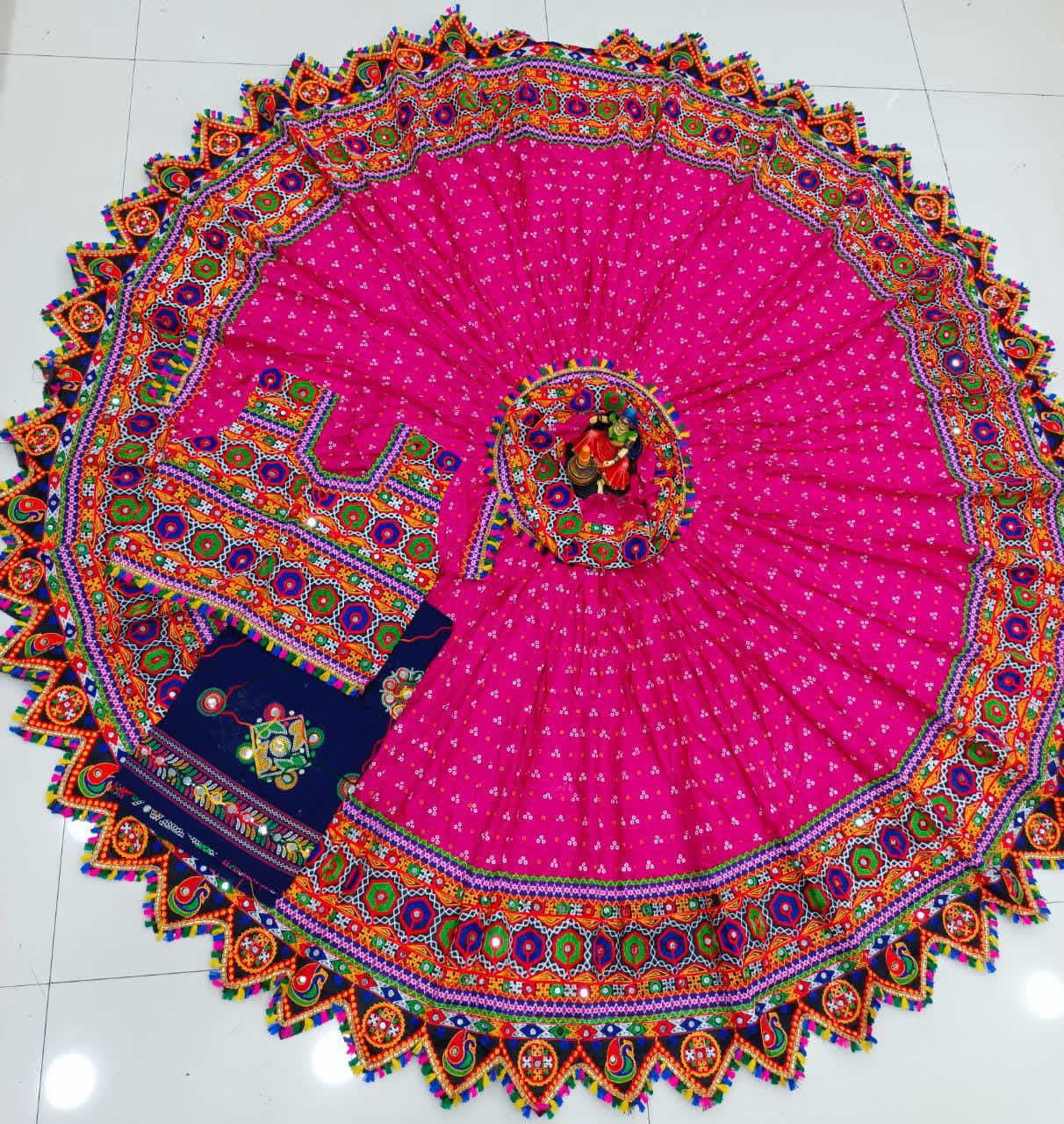 Pink Pure Heavy Rayon Cotton With Bandhani Print And Real Mirror Work Navratri Lehenga Choli