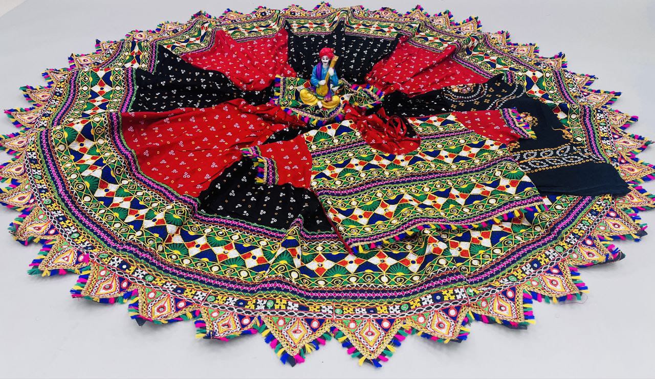 Black Red Pure Heavy Rayon Cotton With Bandhani Print And Real Mirror Work Navratri Lehenga Choli