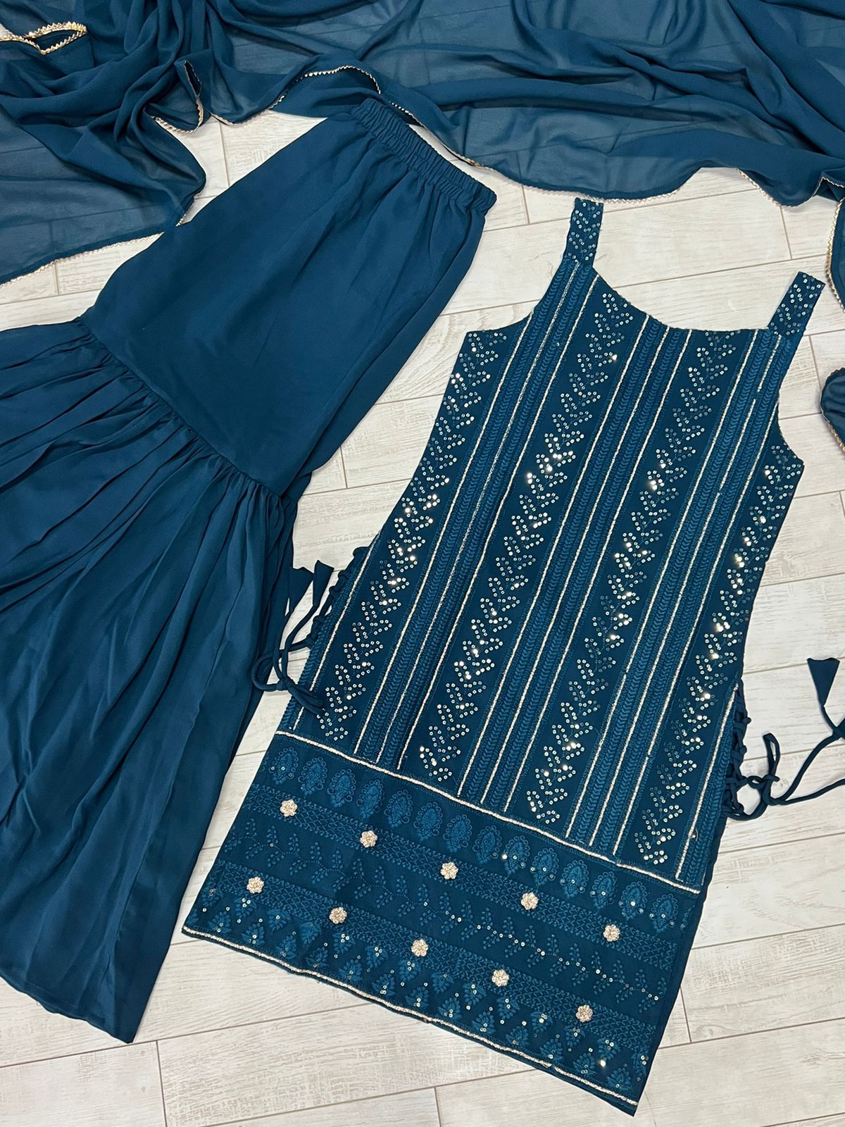 Blue Pure Lukhnowi Embroidery Cotton Thread Work , Sequence Work Sharara Set