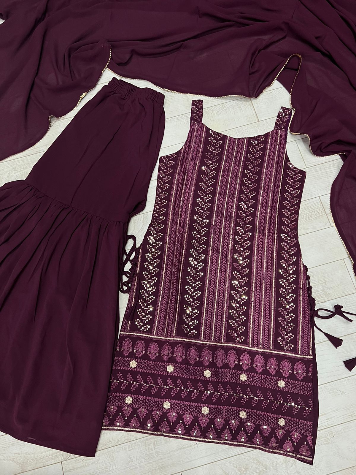 Purple Pure Lukhnowi Embroidery Cotton Thread Work , Sequence Work Sharara Set