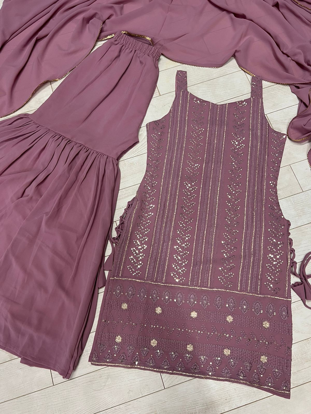 Rose Pink Pure Lukhnowi Embroidery Cotton Thread Work , Sequence Work Sharara Set