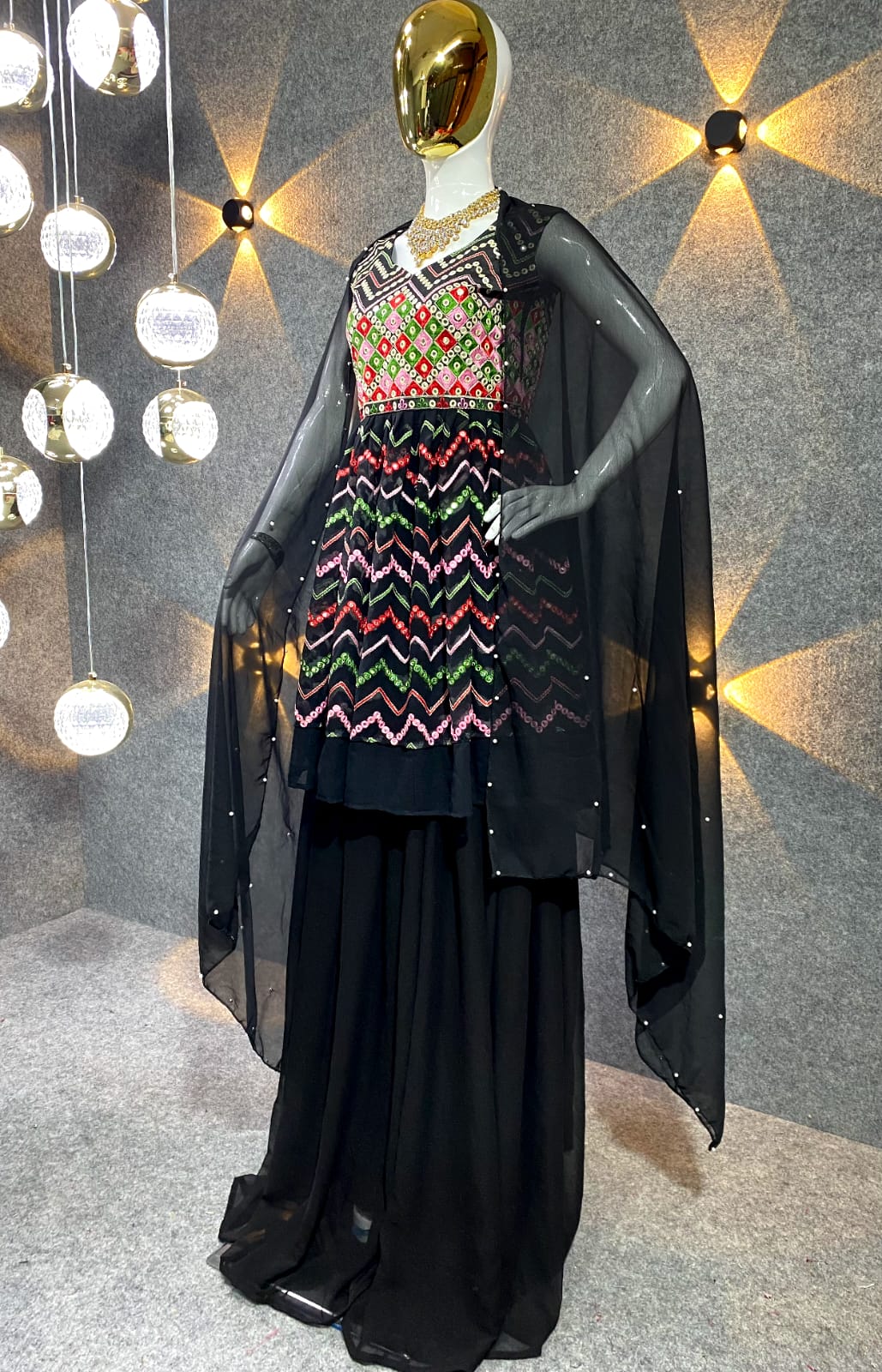 Black Colour Embroidered Attractive Party Wear Faux Georgette Top Plazzo