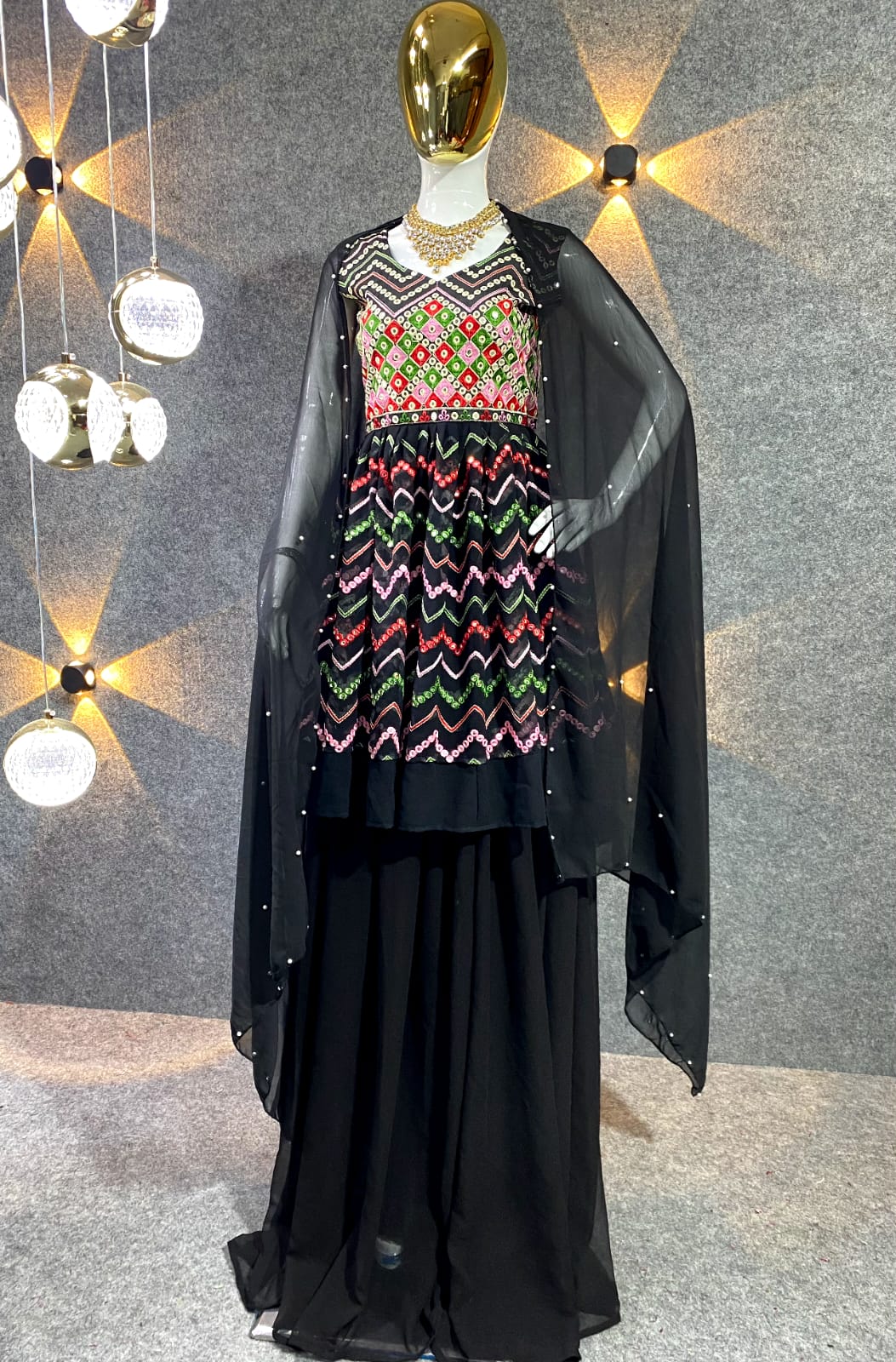 Black Colour Embroidered Attractive Party Wear Faux Georgette Top Plazzo