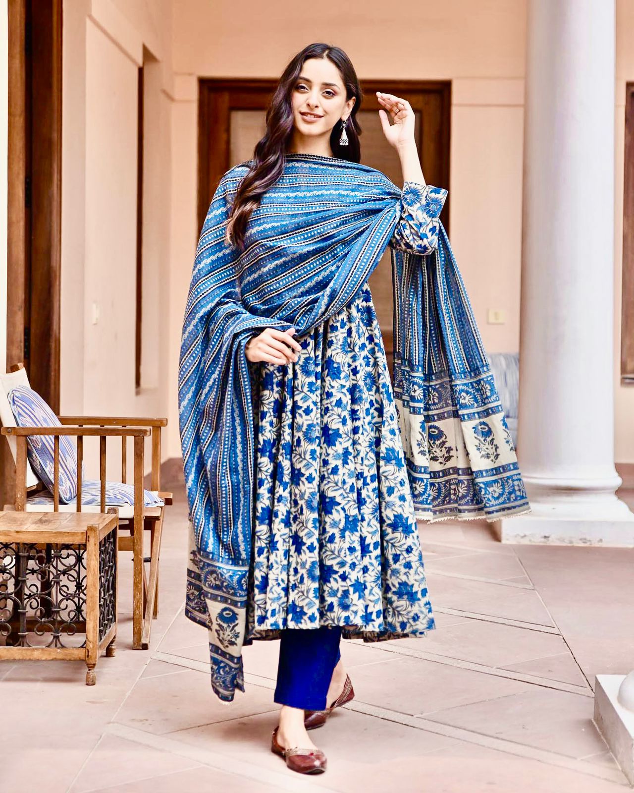 Sky Blue Anarkali Gown Silk With Digital Print Sleeves