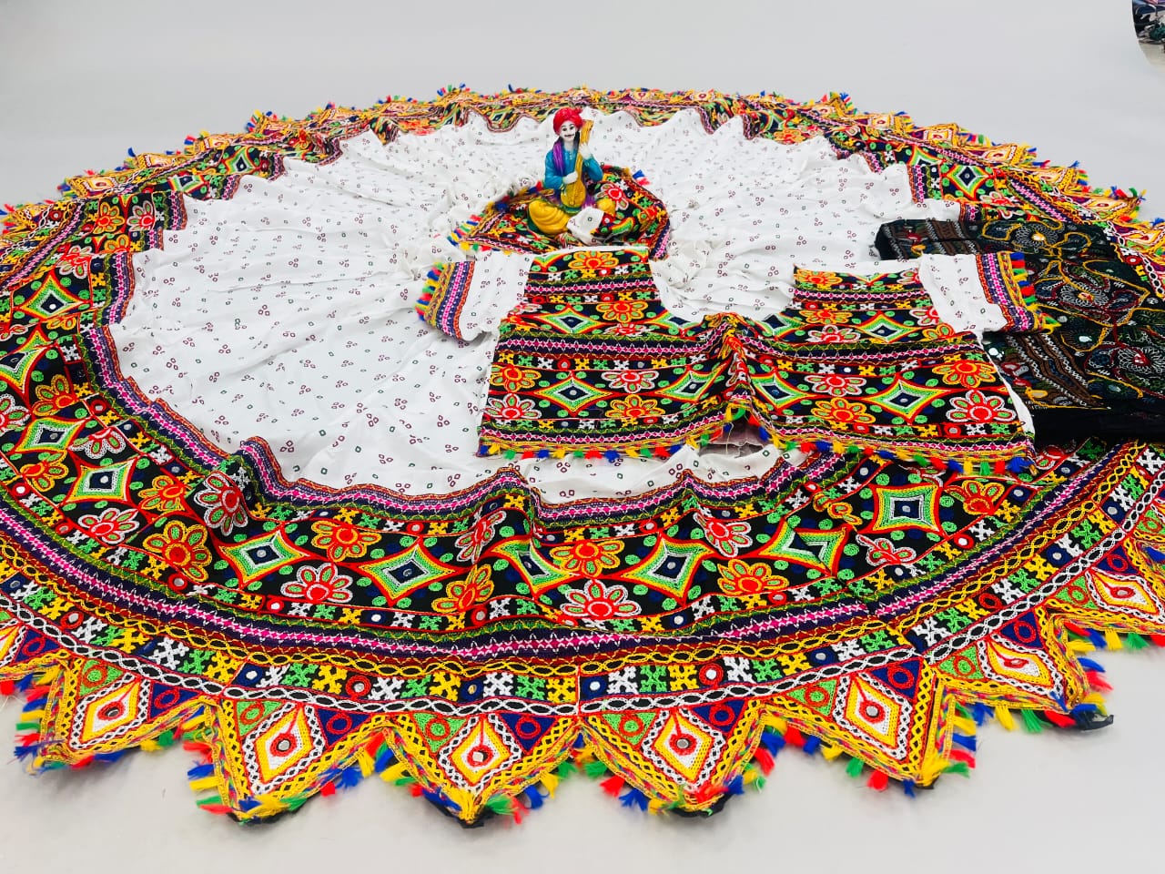 White Pure Heavy Rayon Cotton With Bandhani Print And Real Mirror Work Navratri Lehenga Choli