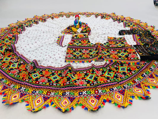 White Pure Heavy Rayon Cotton With Bandhani Print And Real Mirror Work Navratri Lehenga Choli