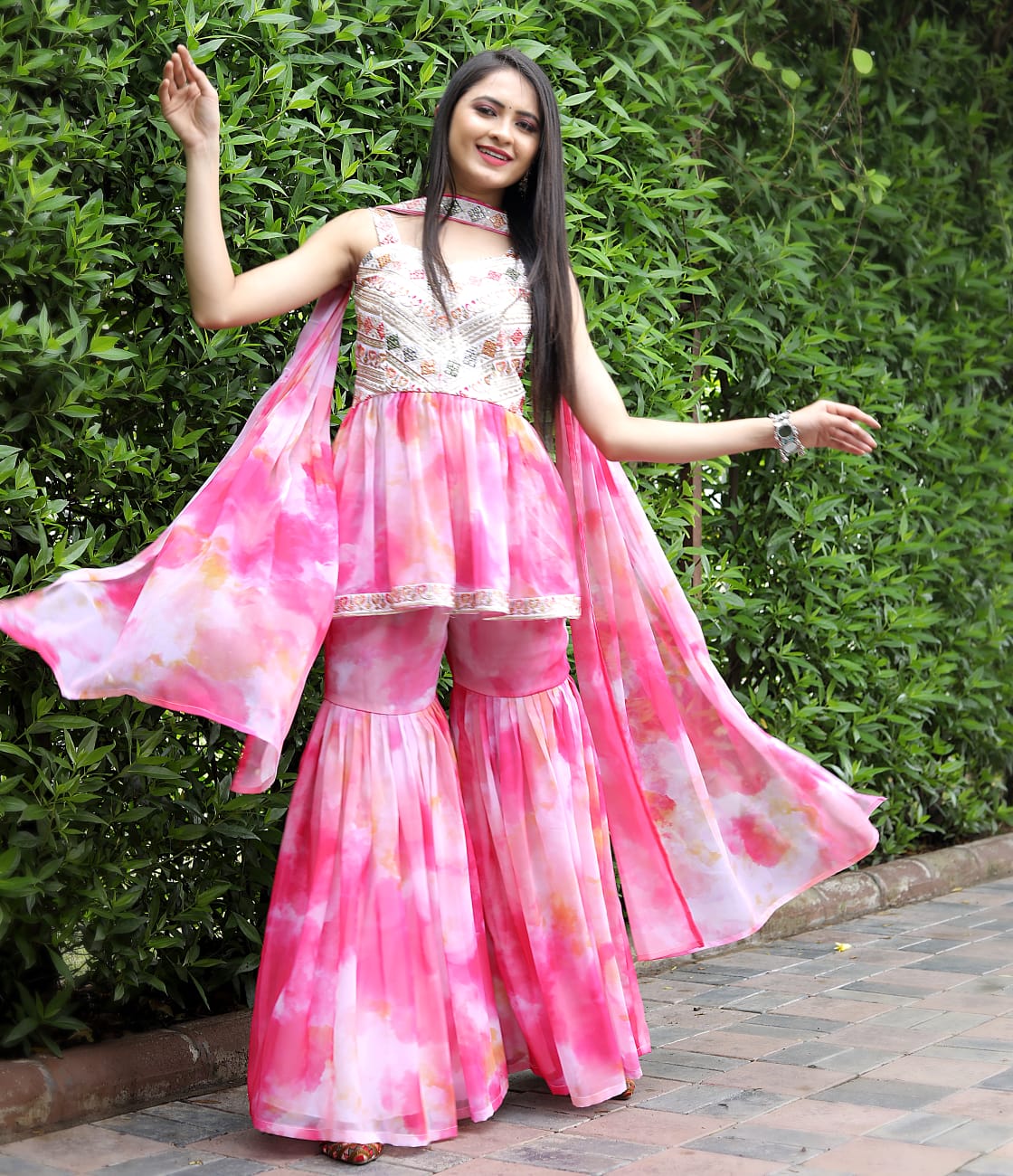 Georgette Cotton Pink Heavy Embroidery Thread Sequence Work Sharara Set