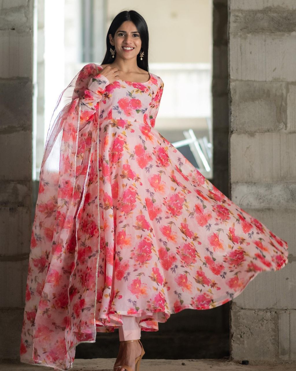 Beautiful Pink Floral Print Pair In Anarkali And Pent Pair With Duppta