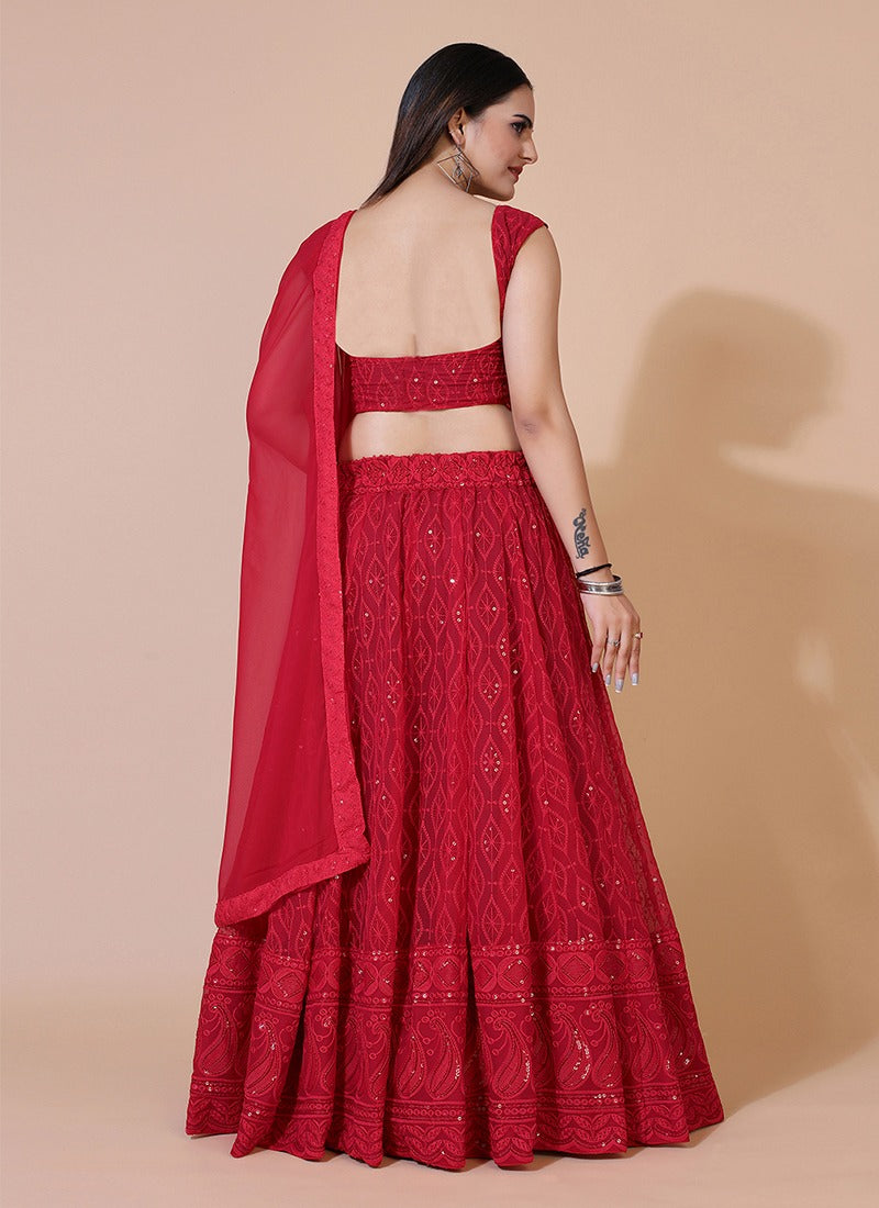 Red Lucknowi Chikankari Floral Work Stitched Lehenga Choli