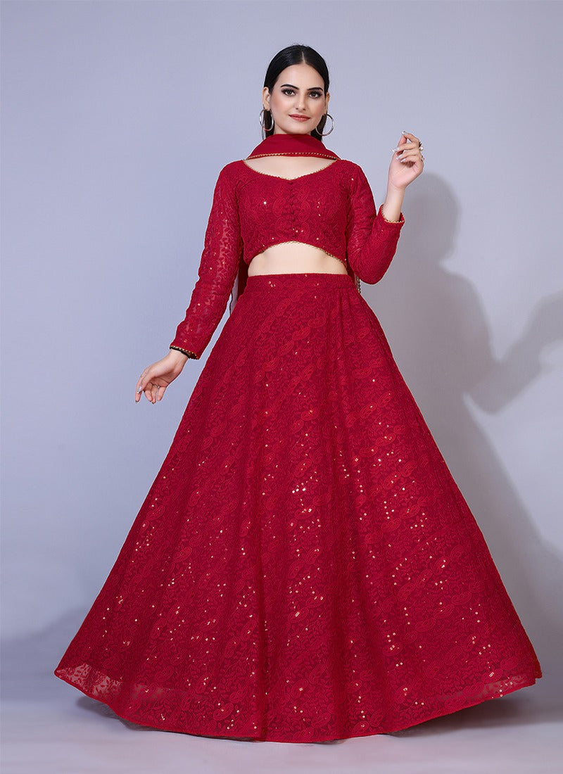 Maroon Lucknowi Chikankari Sequins Work Georgette Lehenga Choli