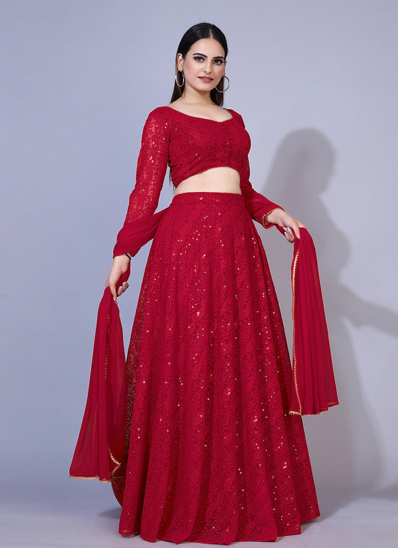 Maroon Lucknowi Chikankari Sequins Work Georgette Lehenga Choli