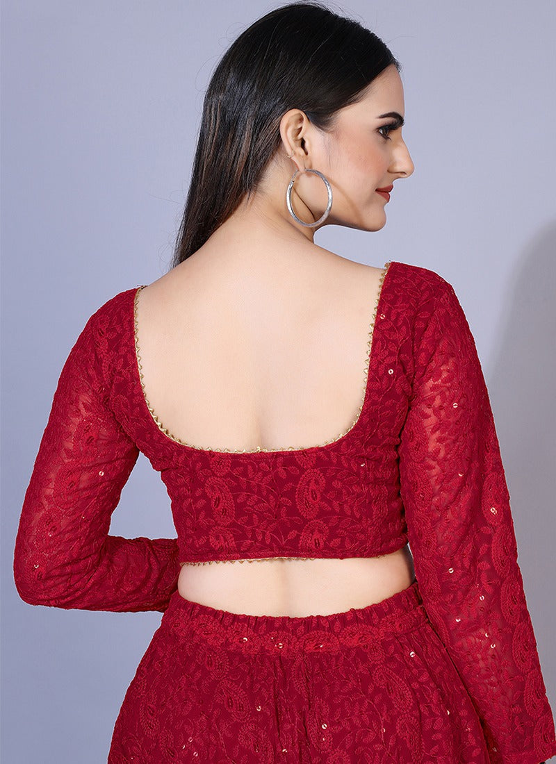 Maroon Lucknowi Chikankari Sequins Work Georgette Lehenga Choli