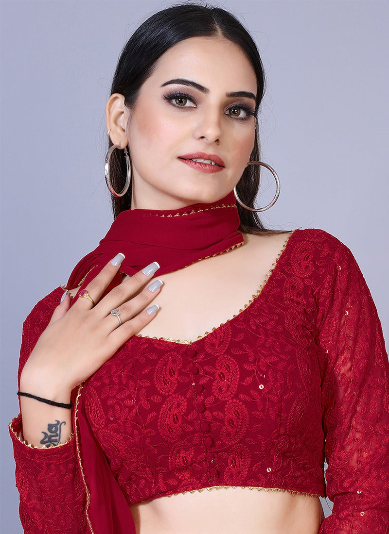 Maroon Lucknowi Chikankari Sequins Work Georgette Lehenga Choli