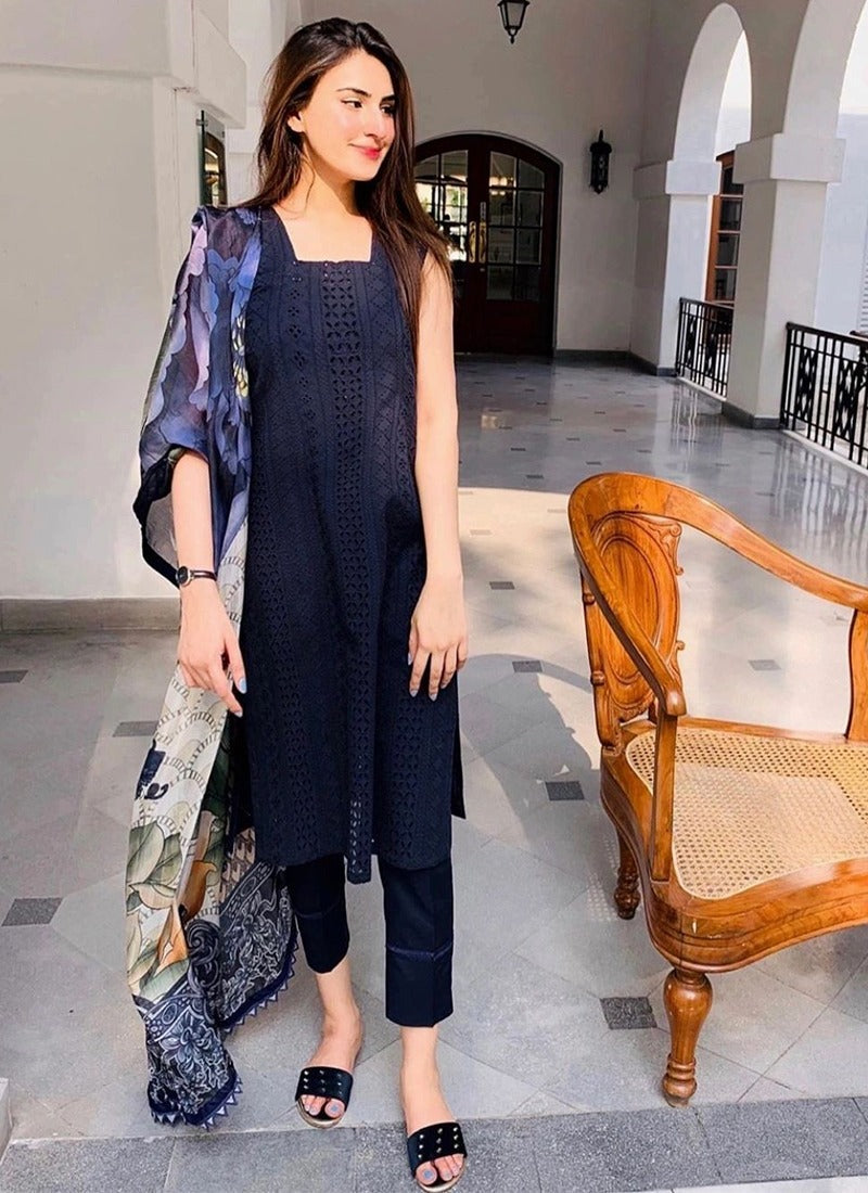Navy Blue Lucknowi Chikankari Work Rayon Suit