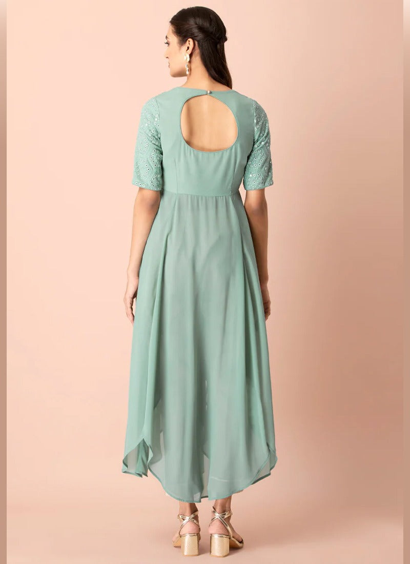 Light Sea Green Mirror Embroidered Georgette Kurti Suit