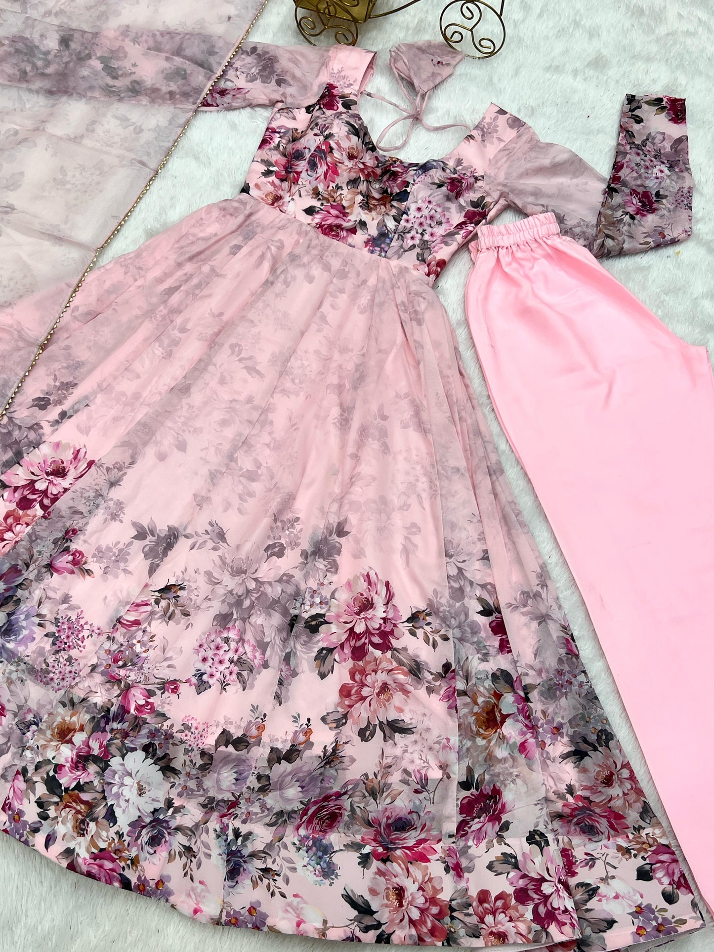 Pink Pure Soft Organja Silk Fabric Fully Flair Kali Pattern And Canvas Patta With Dupatta Set Suit