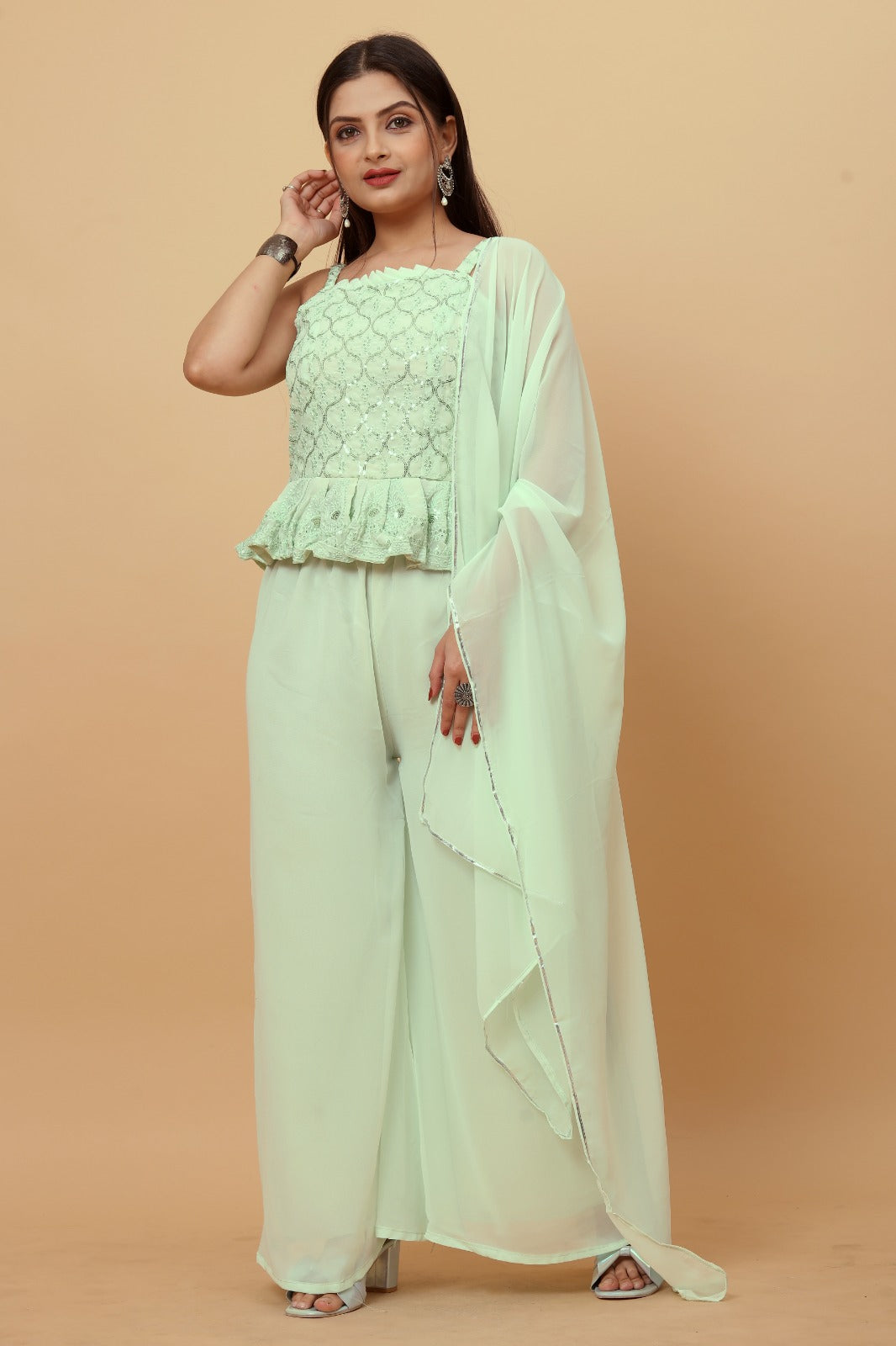 Exclusive Trendy Look Pista Colored Festive wear Embroidered Sequence Worked Top and Bottom Set