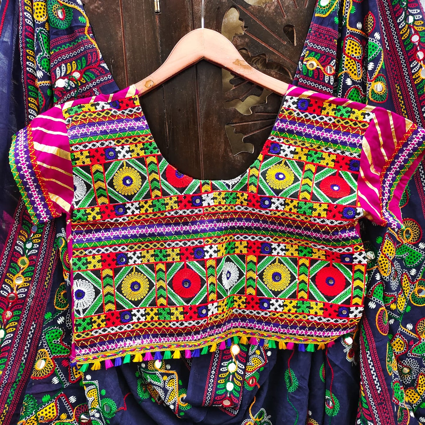 Pink Pure Heavy Rayon Cotton With Lehriya Golden Print And Heavy Work Border Real Mirror Work Navratri Lehenga Choli