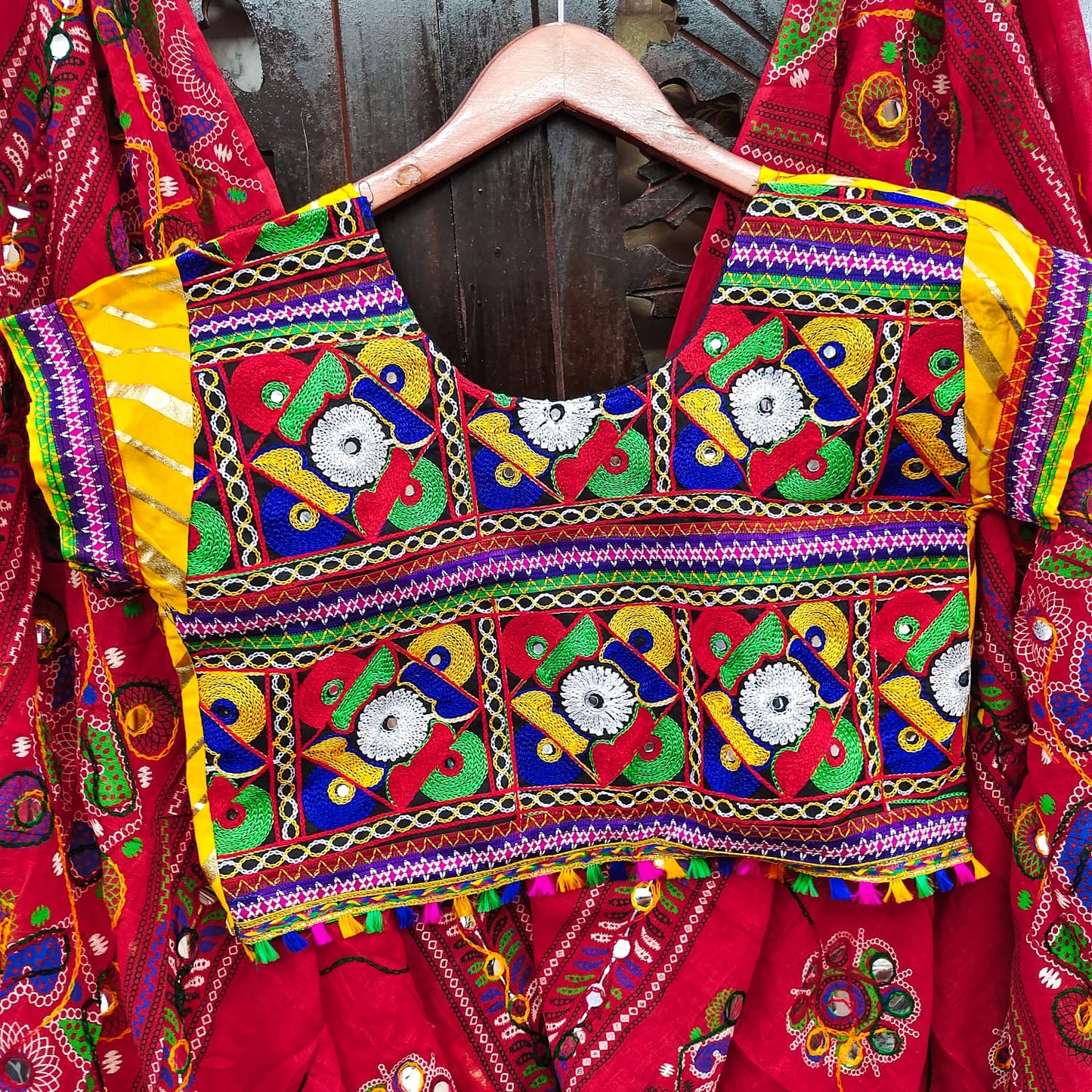 Yellow Pure Heavy Rayon Cotton With Lehriya Golden Print And Heavy Work Border Real Mirror Work Navratri Lehenga Choli