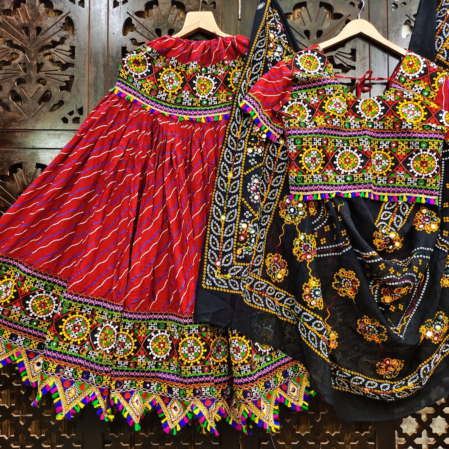 Red Black Pure Heavy Rayon Cotton With Lehriya Print And Heavy Work Border Real Mirror Work Navratri Lehenga Choli