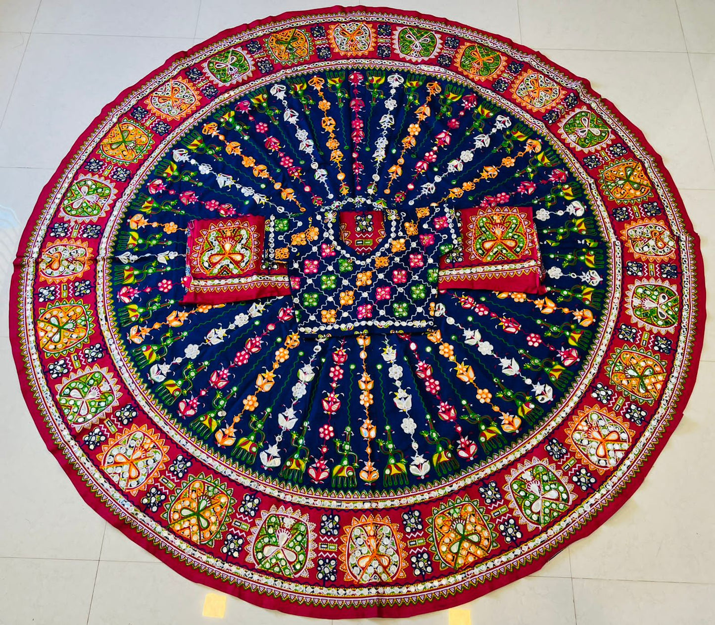 Dark Blue Pure Cotton Full Aari Embroidered Work With Drawstring Navratri Lehenga Choli