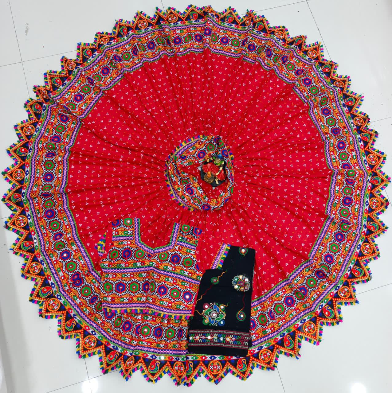 Red Pure Heavy Rayon Cotton With Bandhani Print And Real Mirror Work Navratri Lehenga Choli
