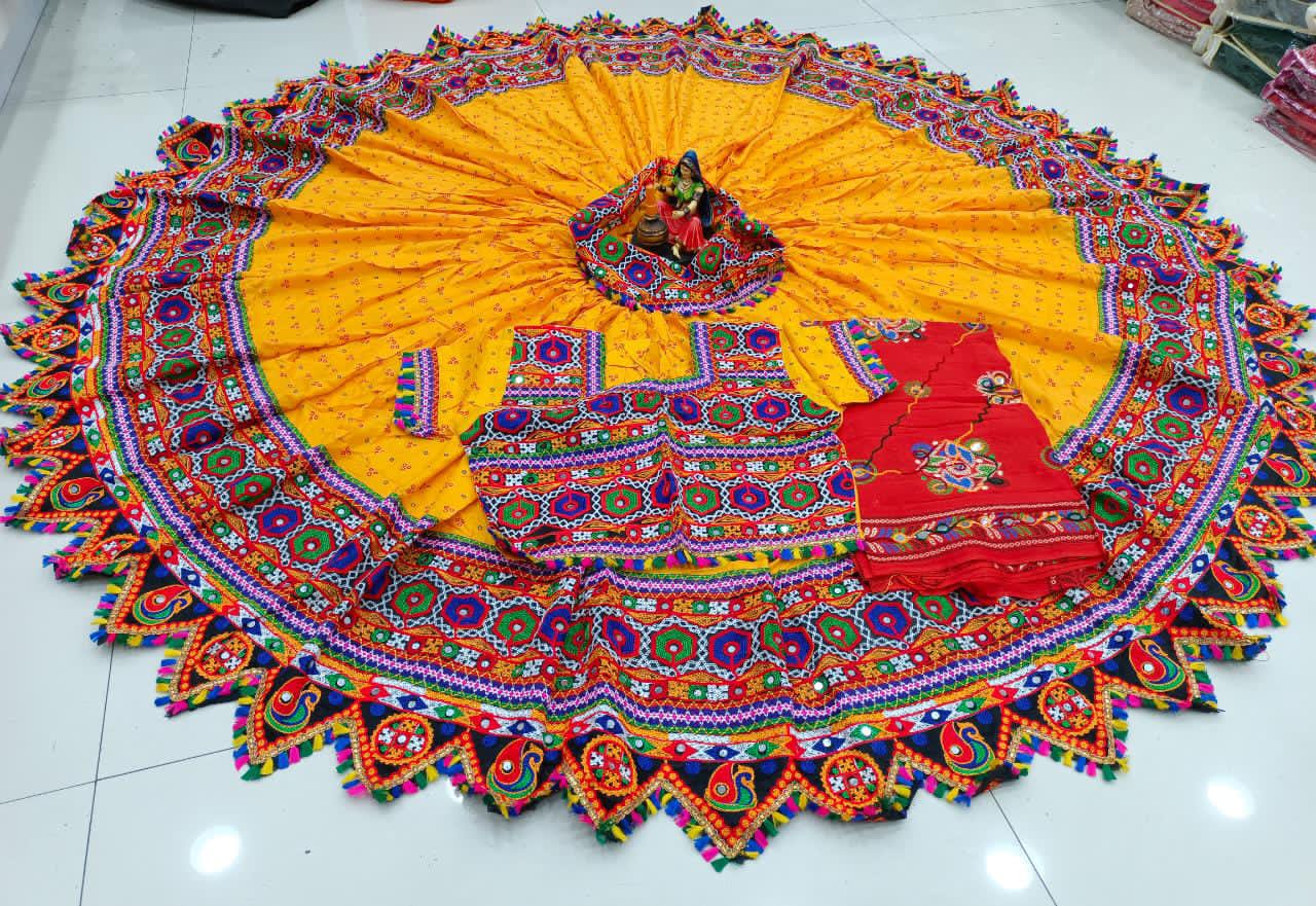 Yellow Pure Heavy Rayon Cotton With Bandhani Print And Real Mirror Work Navratri Lehenga Choli