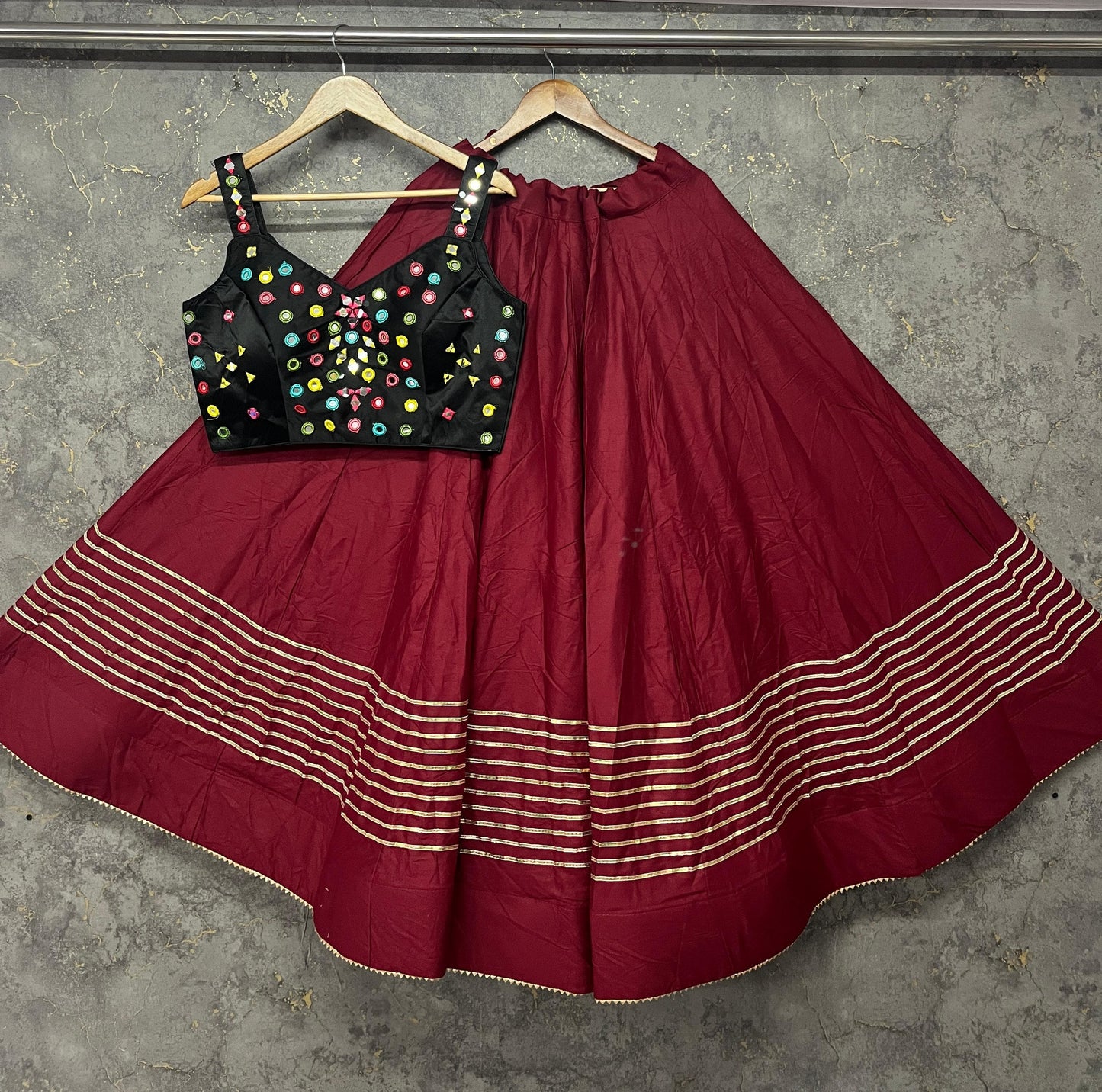 Maroon Pure Reyon Cotton Manual Mirror Work Fully Stiched Navratri Lehenga Choli