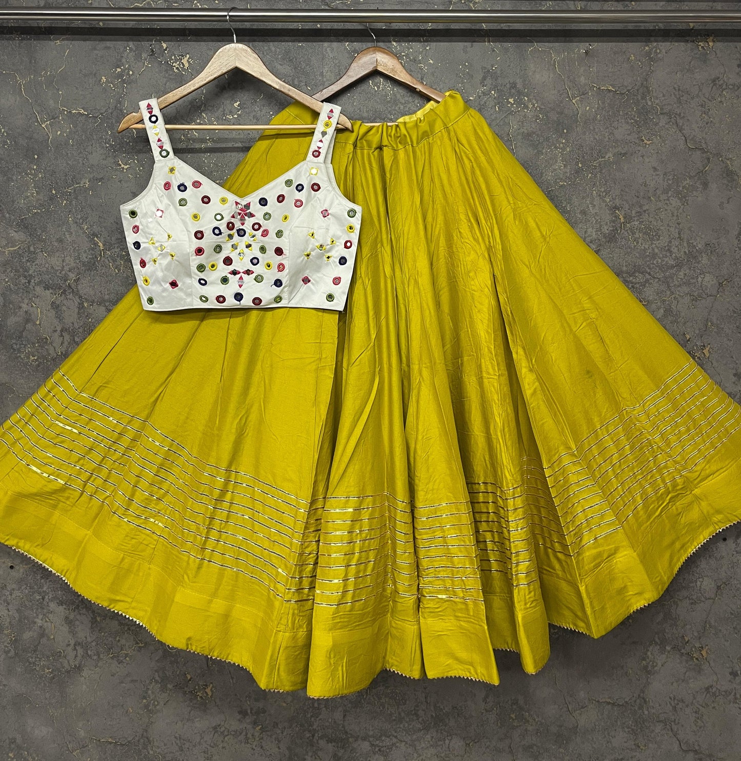 Musterd Pure Reyon Cotton Manual Mirror Work Fully Stiched Navratri Lehenga Choli