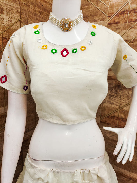 White Kora Cotton Real Mirror Work Real Mirror Work Fully Stiched Navratri Lehenga Choli