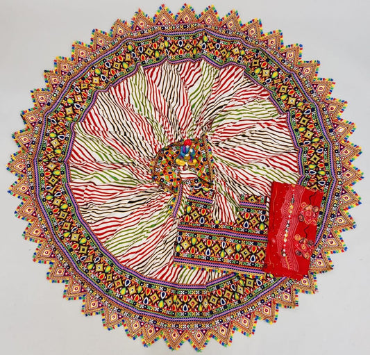 White Pure Cotton Pure Cotton Lehriya Real Mirror Work Fully Stiched Navratri Lehenga Choli