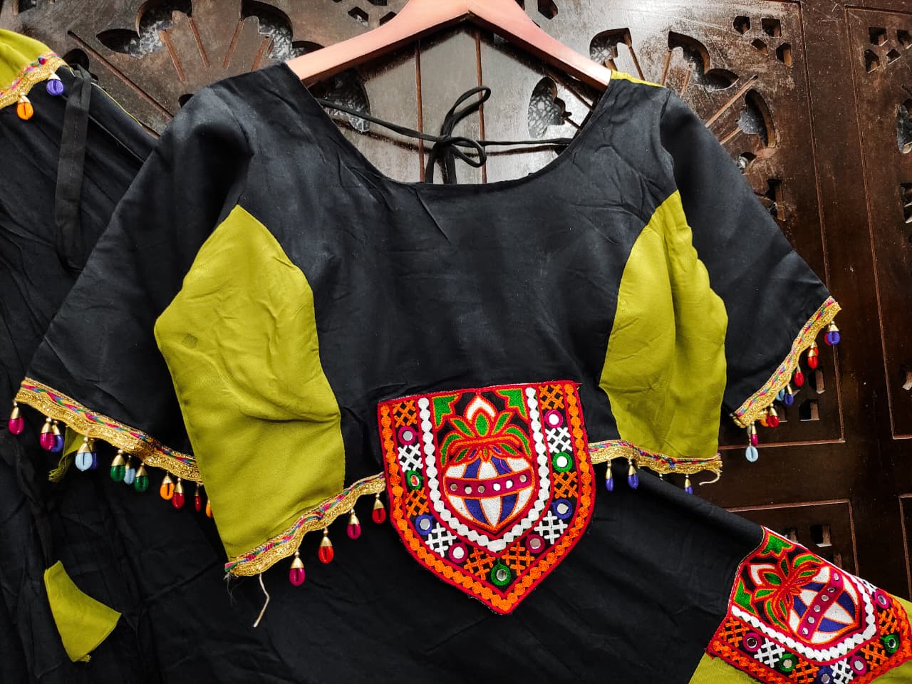 Black Pure Reyon Silk Gamathi Patches Fully Stiched Navratri Lehenga Choli