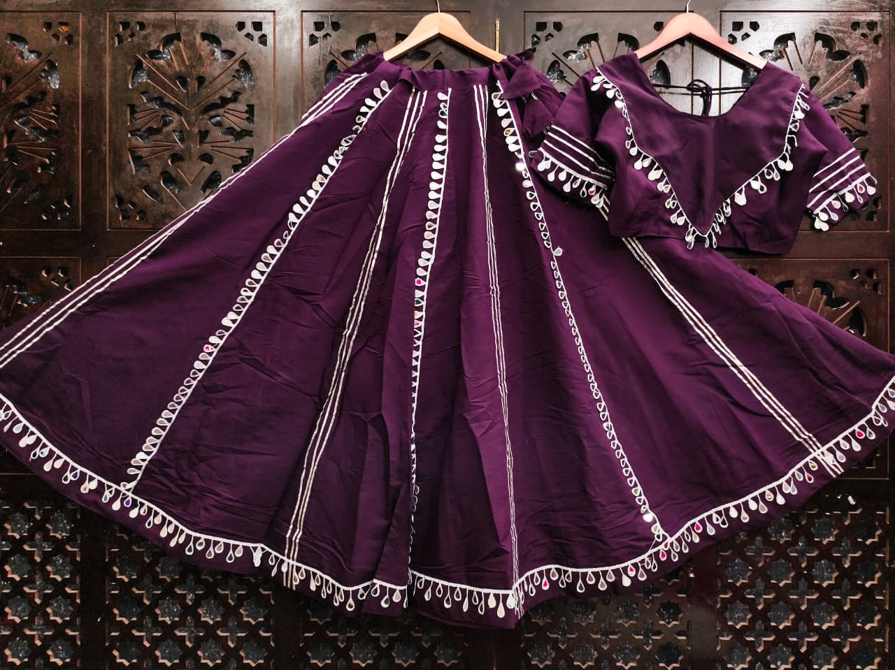 Wine Pure Roman Silk Mirror Work Fully Stiched Navratri Lehenga Choli