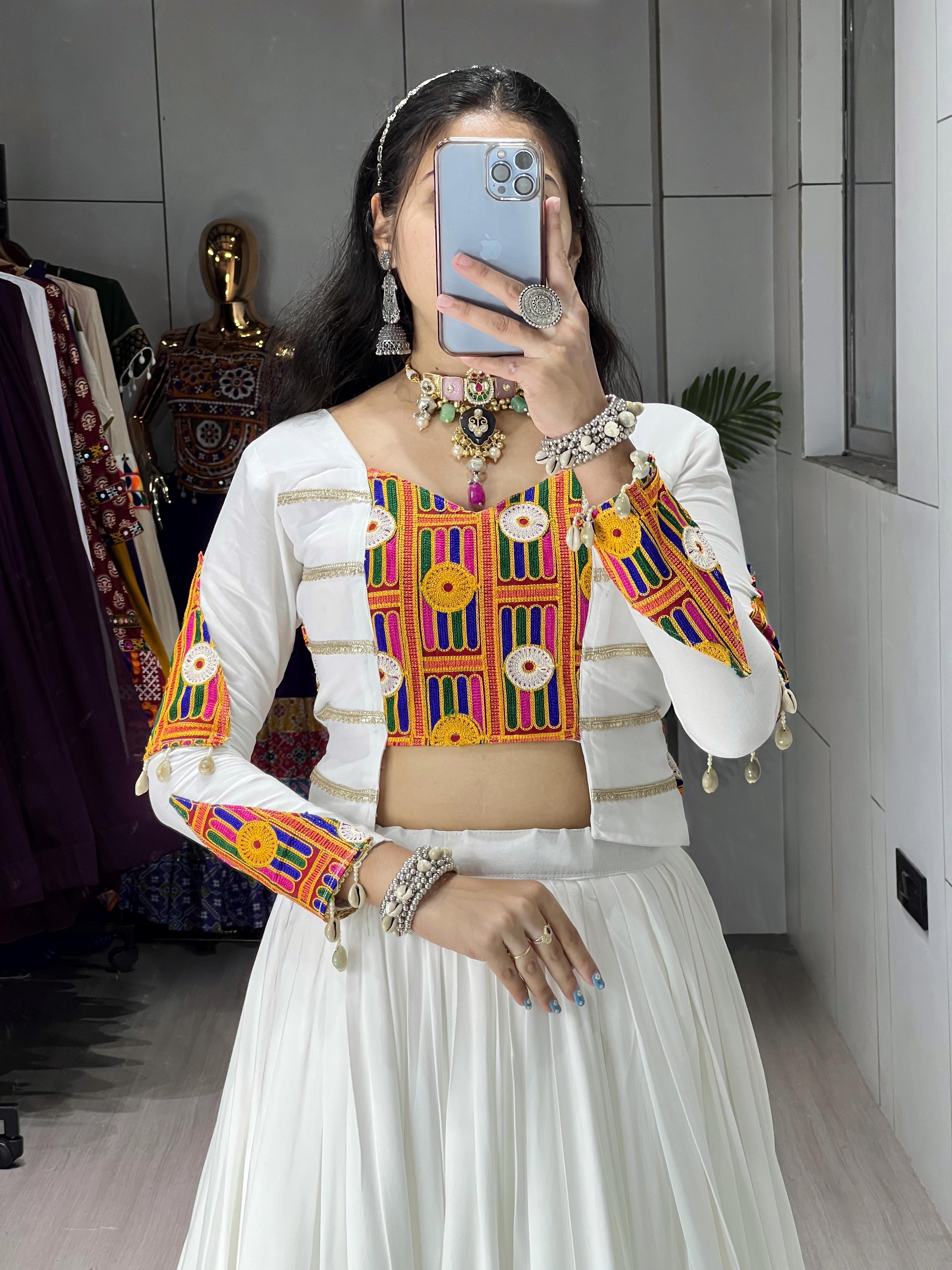 White Pure Rayon Cotton Navratri Lehenga – Multi-Design Prints with Foil Box Patterns & Designer Border