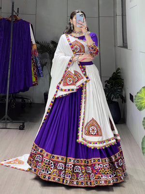 Purple and White Traditional Gamthi Work Navratri Lehenga with Real Mirror Work and Layer Patta Border by The Beauty Queen Surat