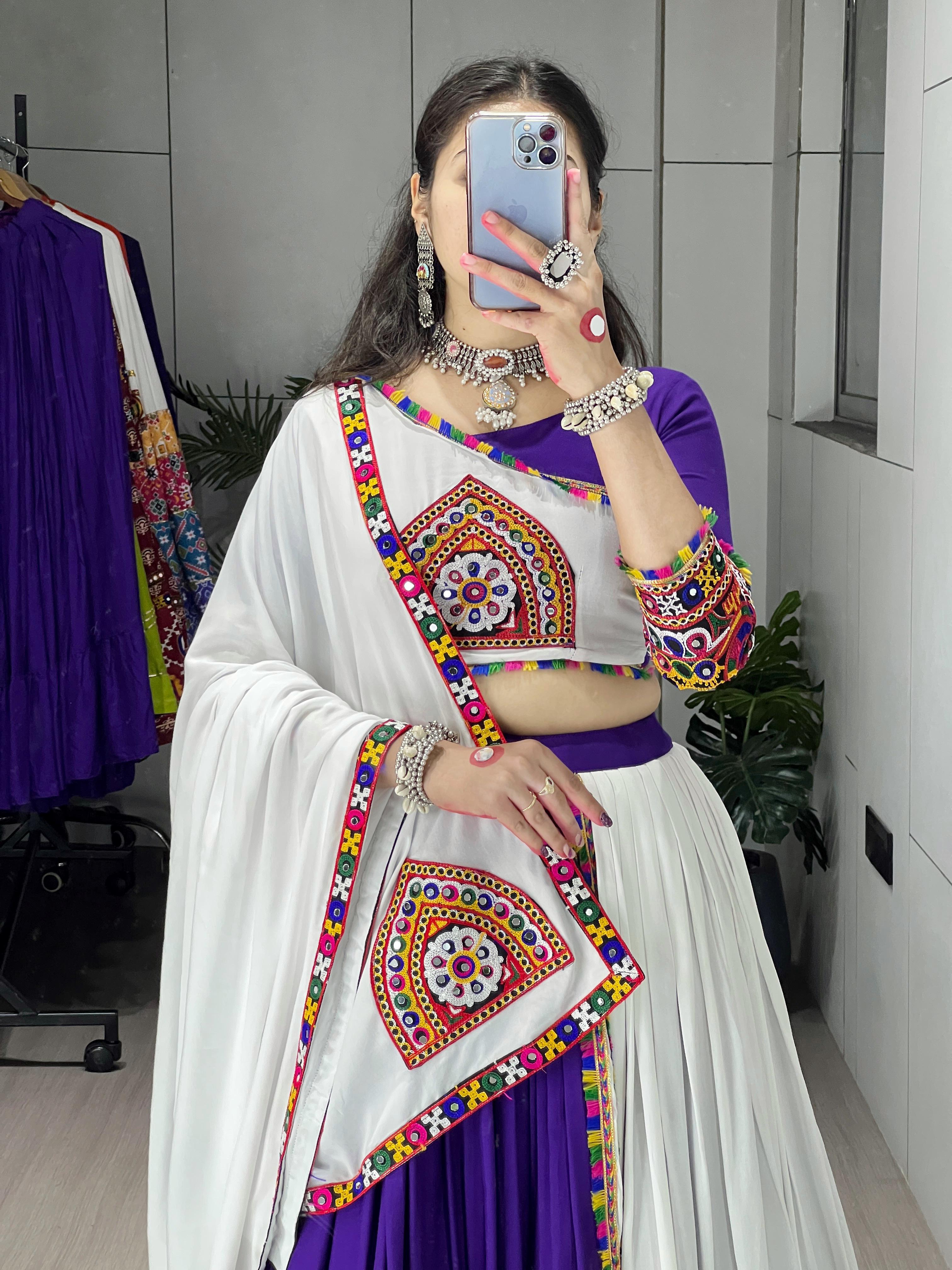 Purple & White Traditional Gamthi Work Navratri Lehenga – Real Mirror Work with Layer Patta Border