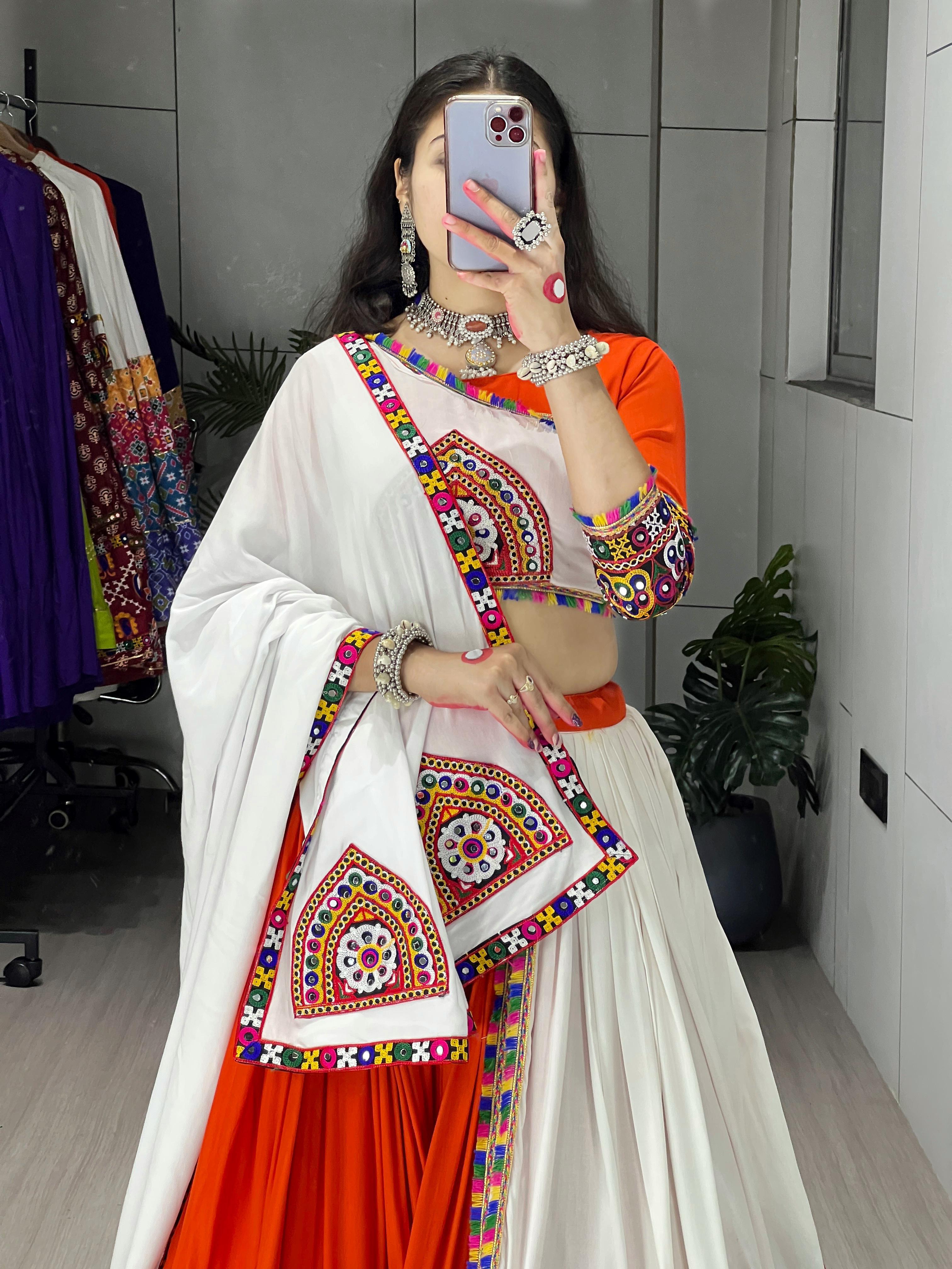 Orange & White Traditional Gamthi Work Navratri Lehenga – Real Mirror Work with Layer Patta Border