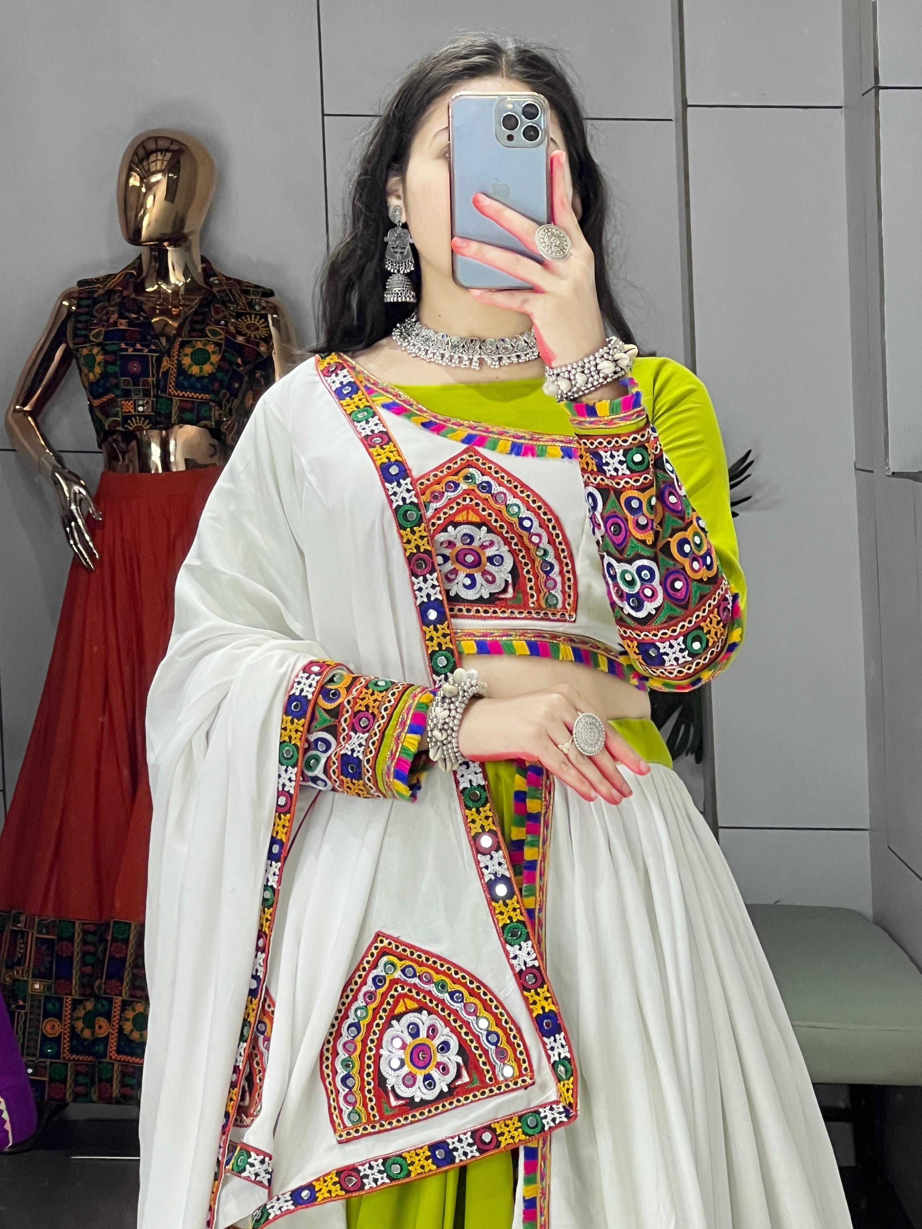 Parrot White Traditional Gamthi Work Navratri Lehenga – Real Mirror Work with Designer Layer Patta Border