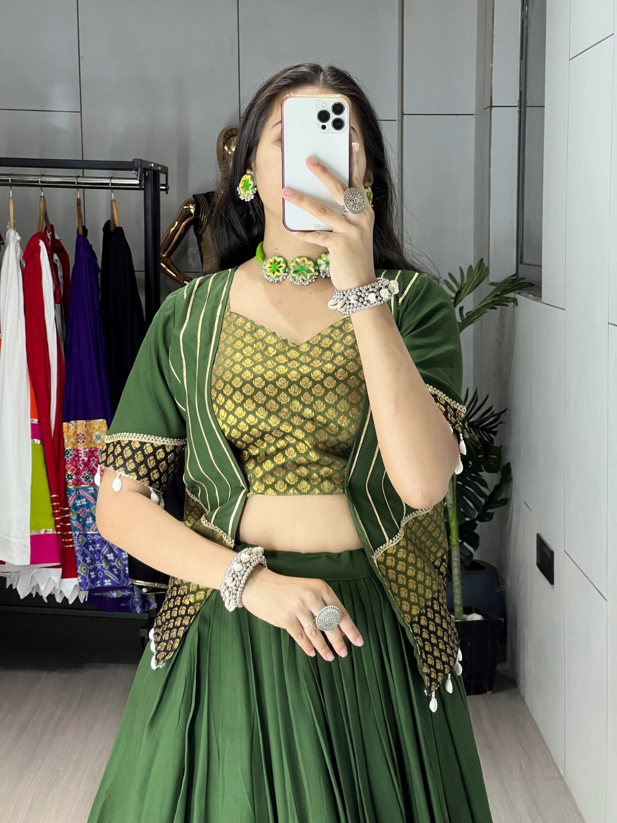 Mehendi Green Pure Rayon Cotton Navratri Lehenga – Silk Butti Work with Designer Daaman Border