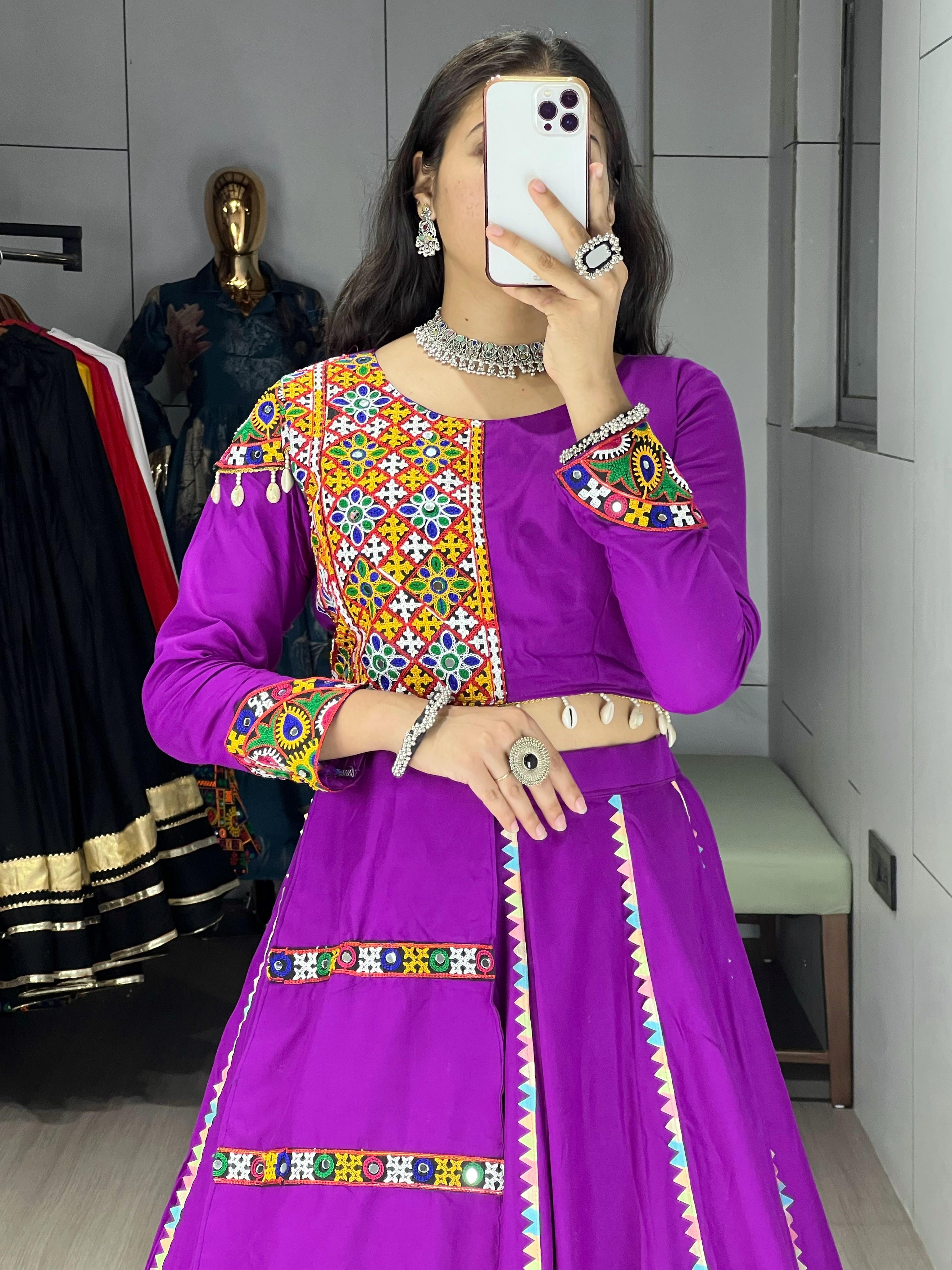 Purple Pure Rayon Cotton Navratri Lehenga – Vibrant Colorful Lace on Kali Work & Designer Border