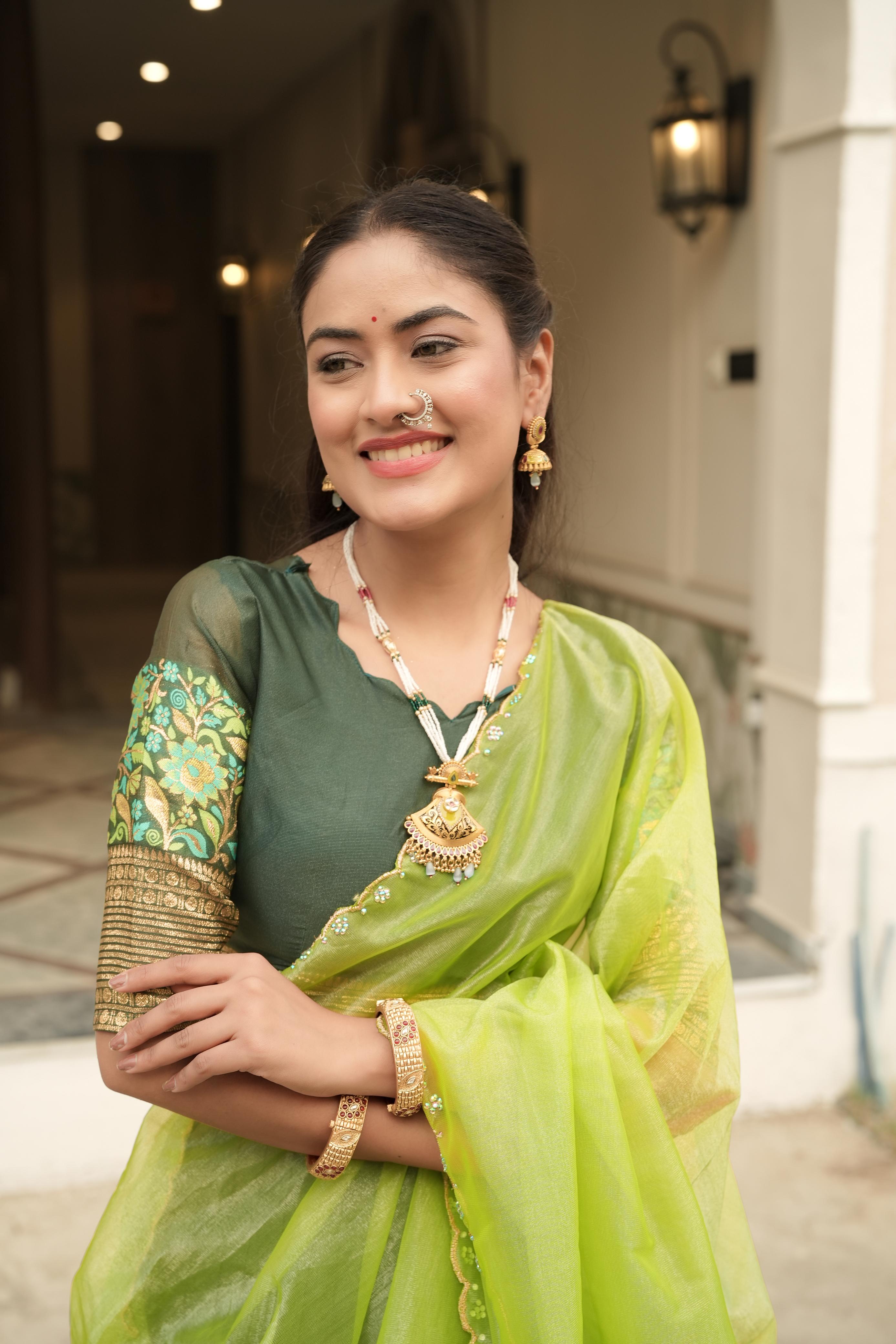 Dark Green Shimmer Lehenga Choli with Weaving Border & Lime Green Dupatta
