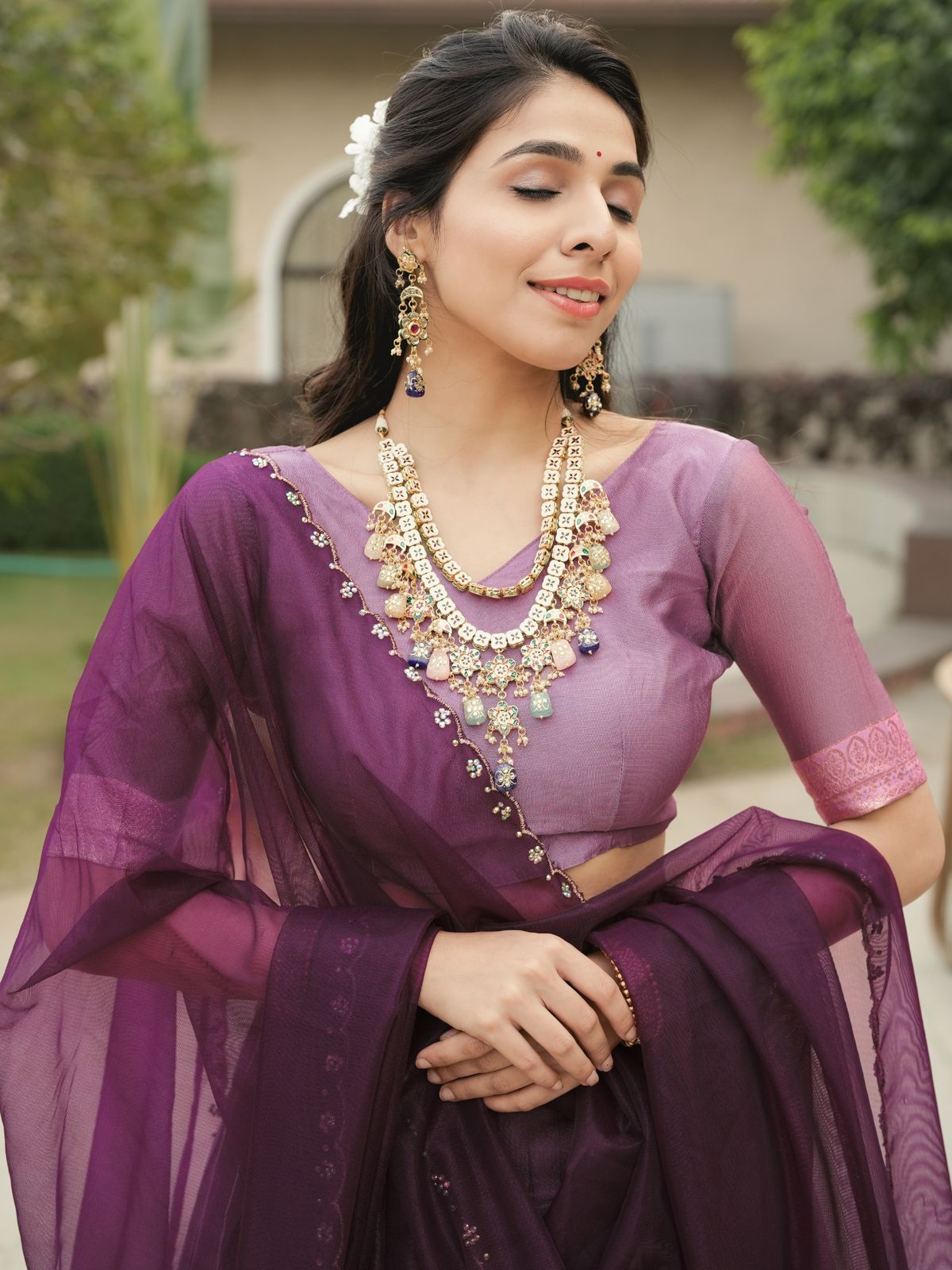 Lavender Shimmer Lehenga Choli with Zari Weaving Border & Deep Purple Dupatta
